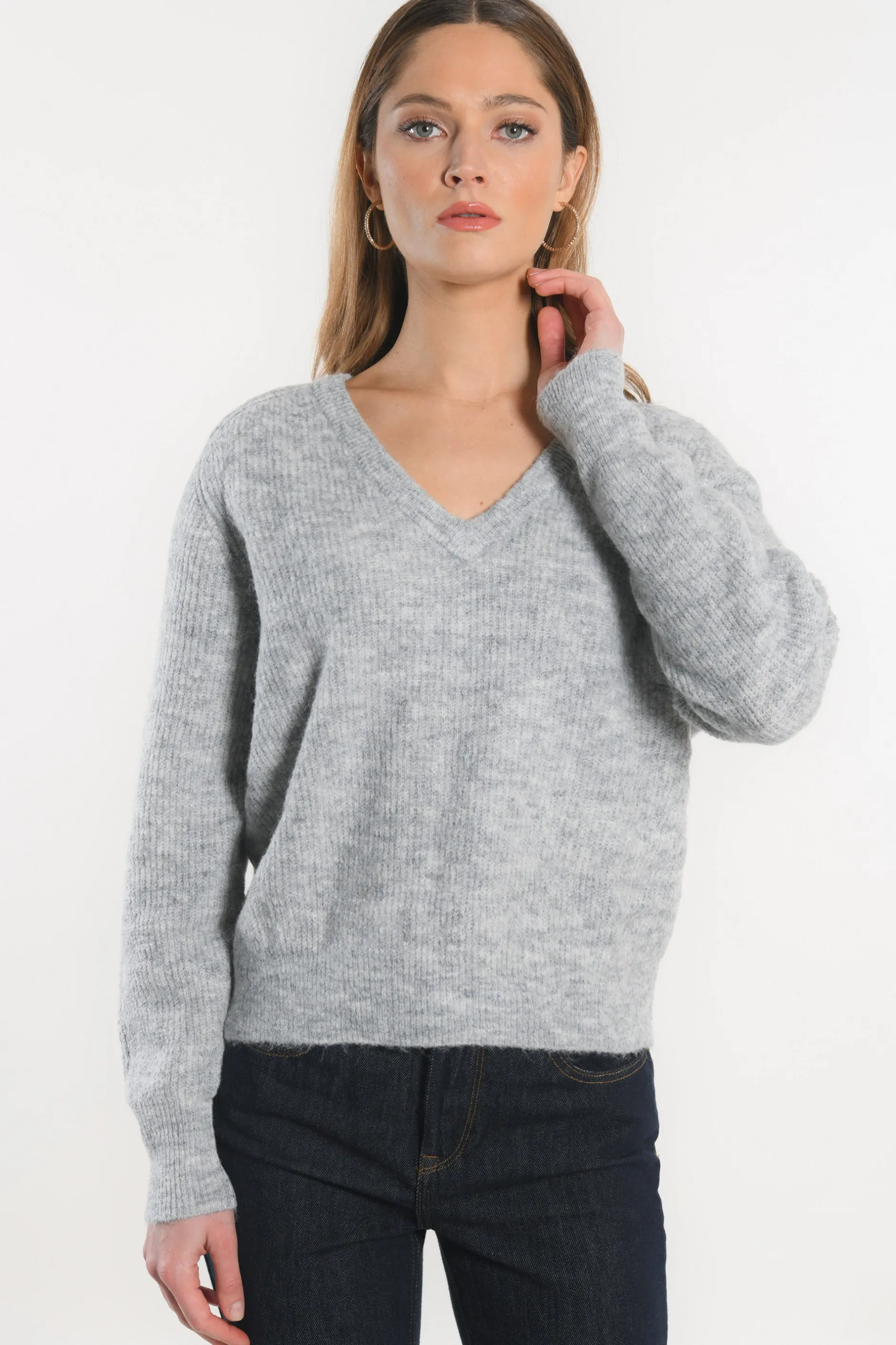New KOOKAÏ PULL COL V - DANNA - GRIS CHINE Grischine