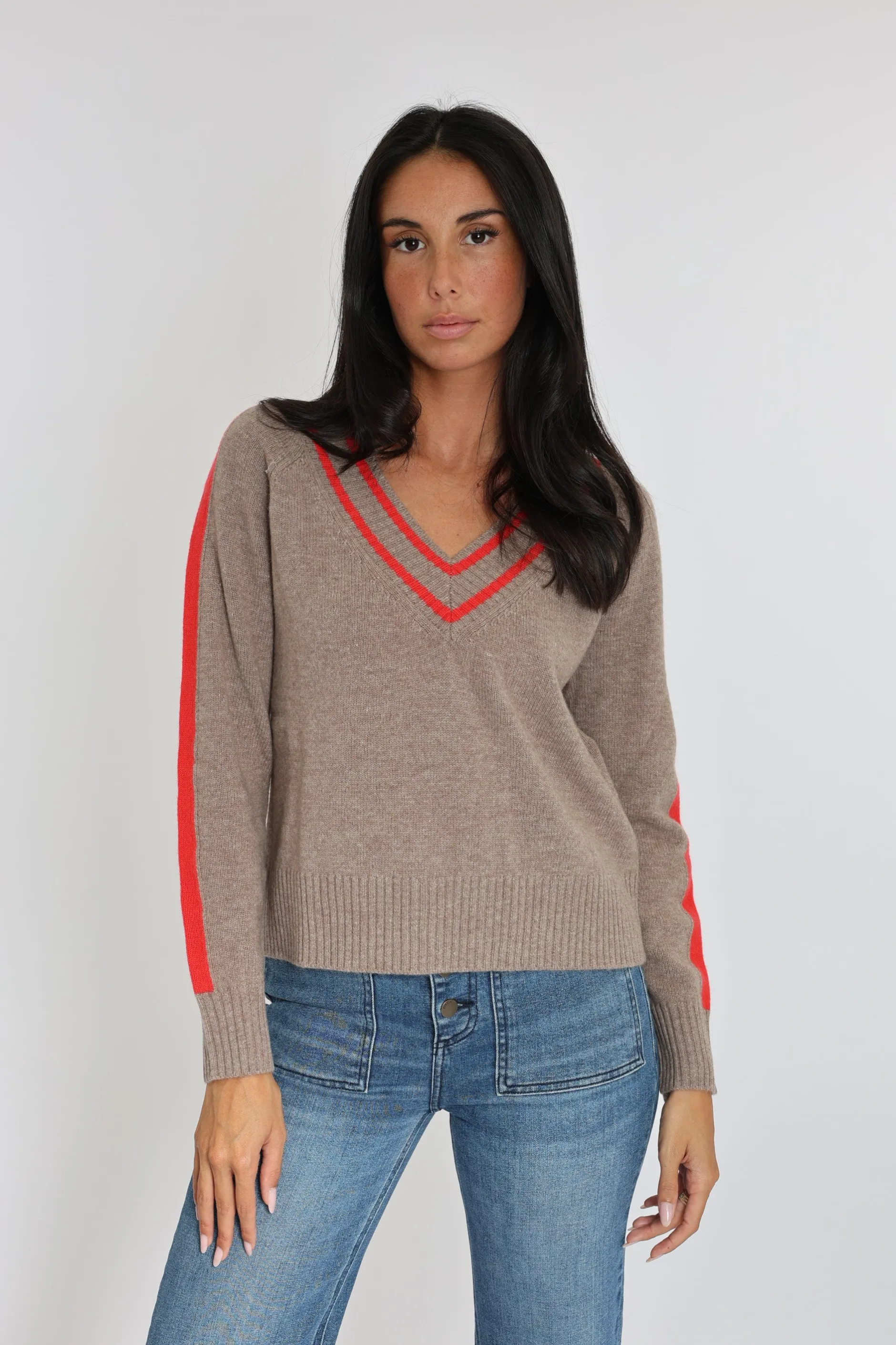 Store KOOKAÏ PULL COL V ASTRID BEIGE CHINÉ/ROUGE Beigechine/rouge