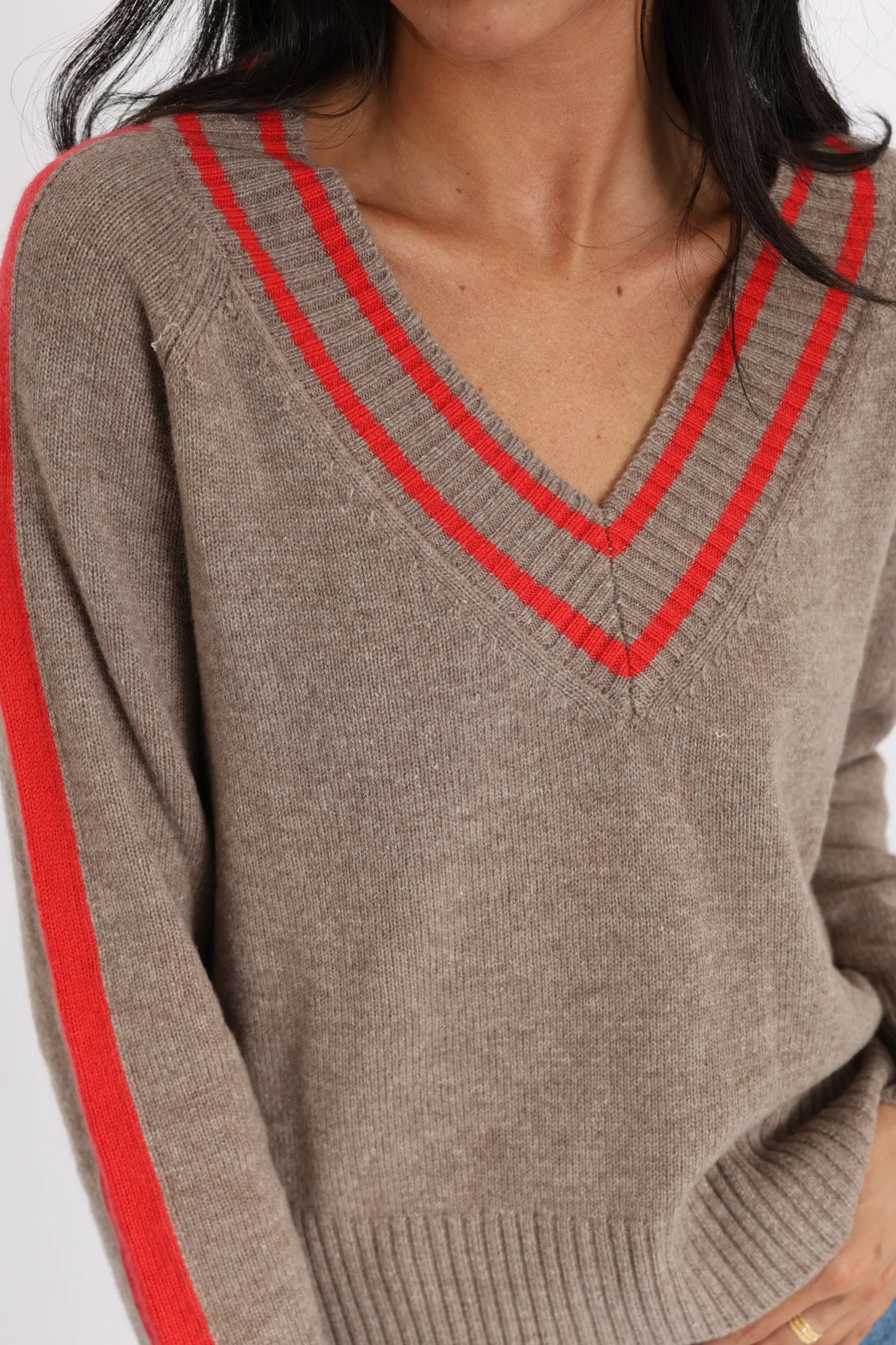 Store KOOKAÏ PULL COL V ASTRID BEIGE CHINÉ/ROUGE Beigechine/rouge